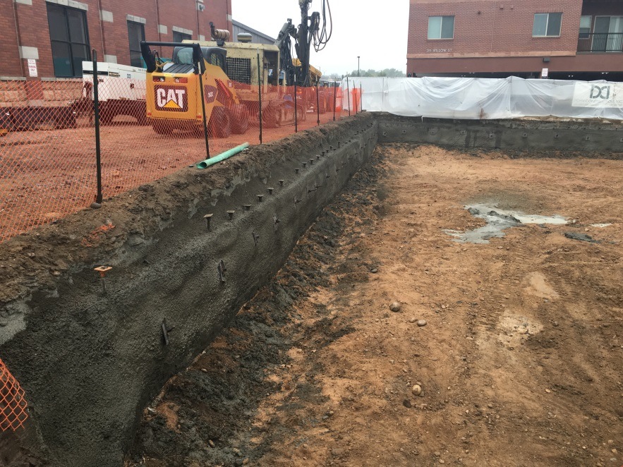 The first level of excavation and soil nail shoring.
