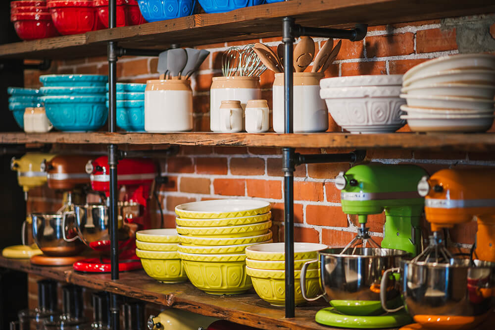 Closeup of colorful bowls and mixers in the Ginger and Baker Teaching Kitchen