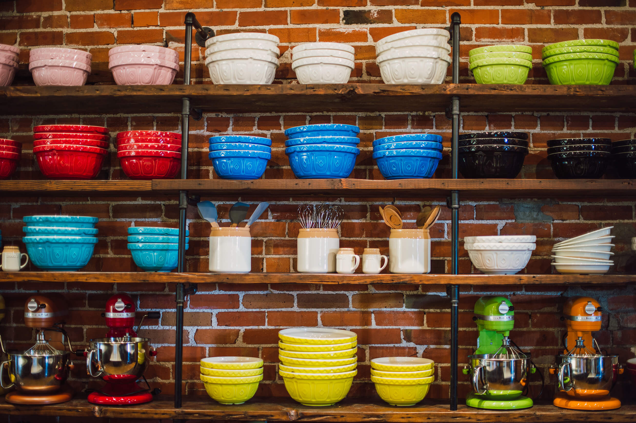 Colorful mixers and bowls in The Ginger and Baker Teaching Kitchen
