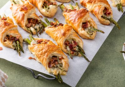 Puff pastry asparagus, cheddar and bacon tarts for breakfast