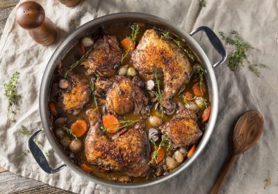 Homemade French Coq Au Vin Chicken with Veggies and Sauce