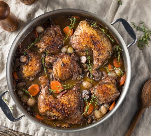 Homemade French Coq Au Vin Chicken with Veggies and Sauce