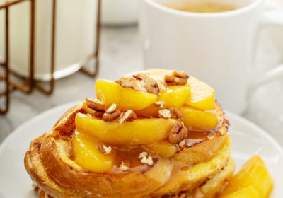 Caramel apple french toasts with pecans, fall breakfast dish