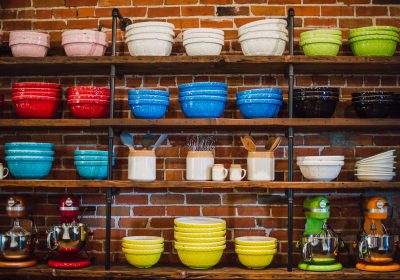 Colorful mixers and bowls in The Ginger and Baker Teaching Kitchen