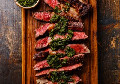 Sliced medium rare grilled beef barbecue Ribeye steak with chimichurri sauce on cutting board on dark background