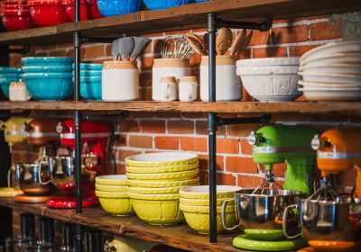 Closeup of colorful bowls and mixers in the Ginger and Baker Teaching Kitchen