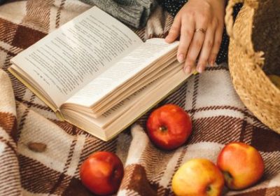 fall bookclub- book, blanket, apples