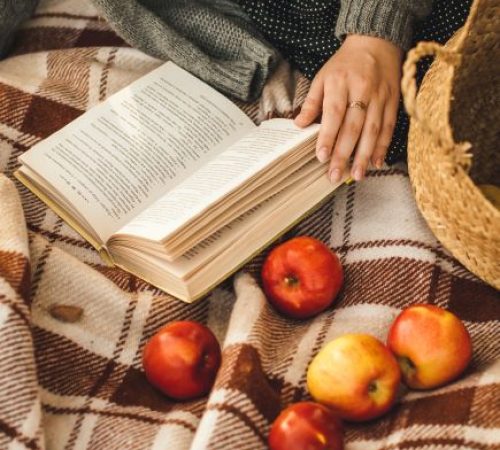 fall bookclub- book, blanket, apples
